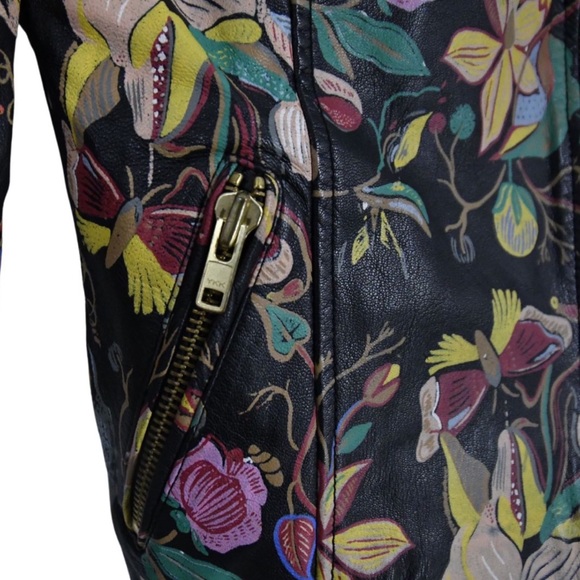 Hand-Painted Leather Jacket Topshop, Black with Gold Zippers, Size S 2 4 - Picture 5 of 5